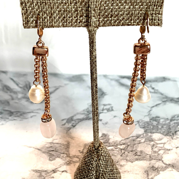 Vintage Rose Quartz Dangle Earrings Rose Gold Plated with Pearls & Rhinestones - Picture 4 of 8